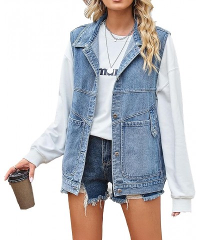 Women's Oversized Jean Vest Denim Vest Mid Long Sleeveless Jean Jacket Distressed Vest E-blue $17.39 Vests