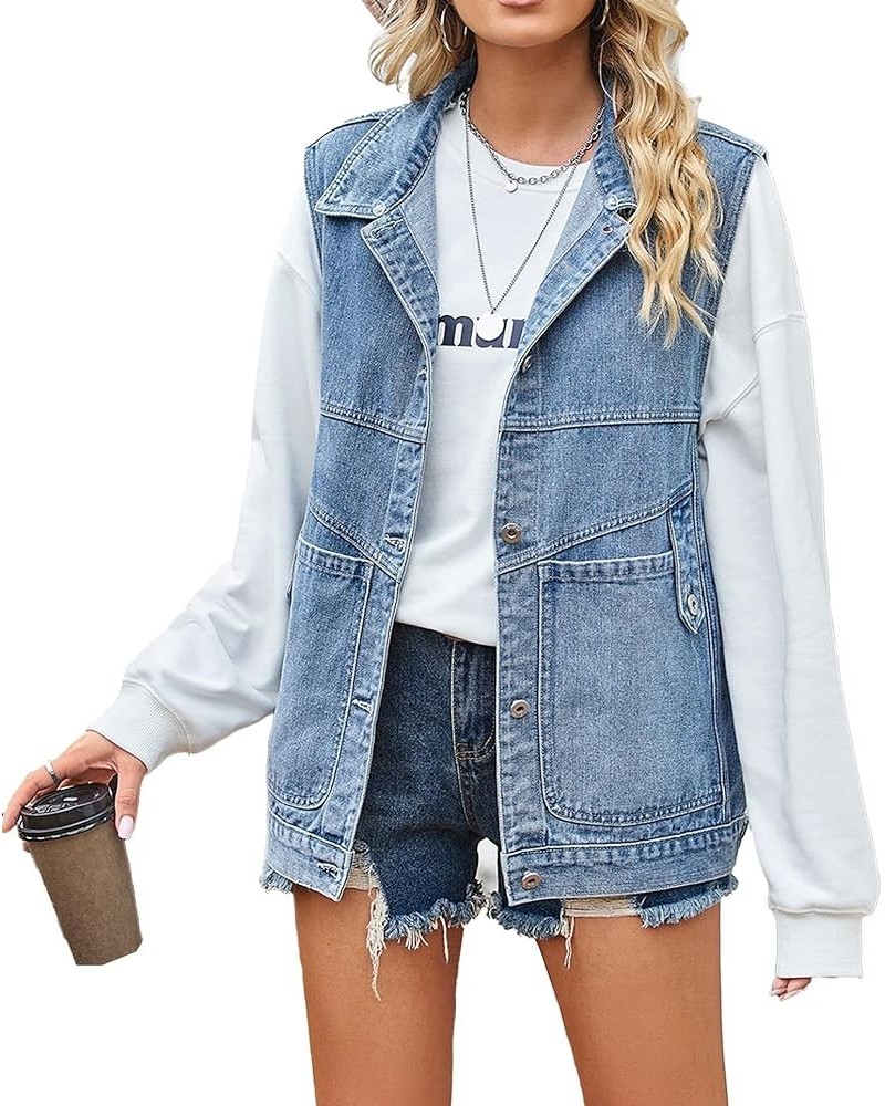 Women's Oversized Jean Vest Denim Vest Mid Long Sleeveless Jean Jacket Distressed Vest E-blue $17.39 Vests