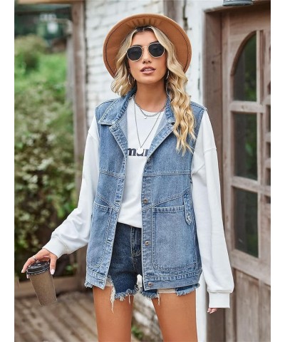 Women's Oversized Jean Vest Denim Vest Mid Long Sleeveless Jean Jacket Distressed Vest E-blue $17.39 Vests