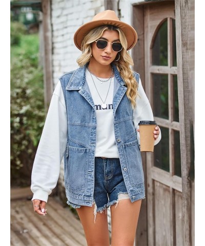 Women's Oversized Jean Vest Denim Vest Mid Long Sleeveless Jean Jacket Distressed Vest E-blue $17.39 Vests