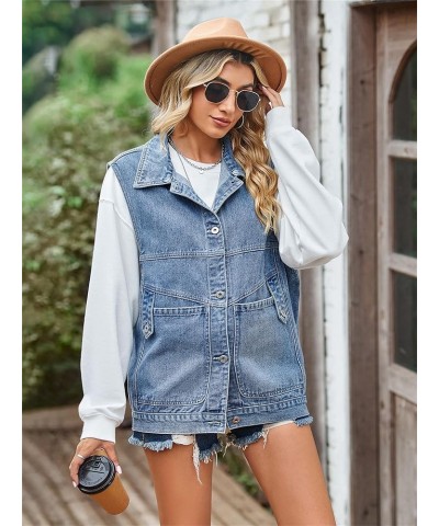 Women's Oversized Jean Vest Denim Vest Mid Long Sleeveless Jean Jacket Distressed Vest E-blue $17.39 Vests