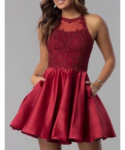 Halter Short Beaded Homecoming Dresses with Pockets Lace-Applique Prom Dress Satin Cocktail Dresses for Teens Navy Blue $22.0...