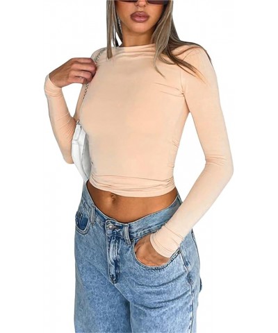 Women Slim Fitted Long Sleeve Going Out Top Y2K Sexy Crewneck Crop Tops Solid Color Tight T Shirt Fall Basic Clothes Flesh $5...