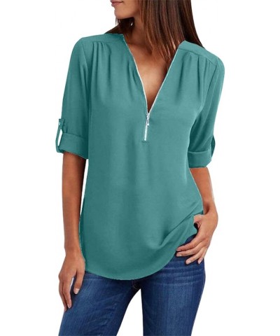 Woman Chiffon Blouse Roll Up Sleeve Chiffon Blouse Flowy Elegant Tunic Top Turquoise $11.72 Blouses