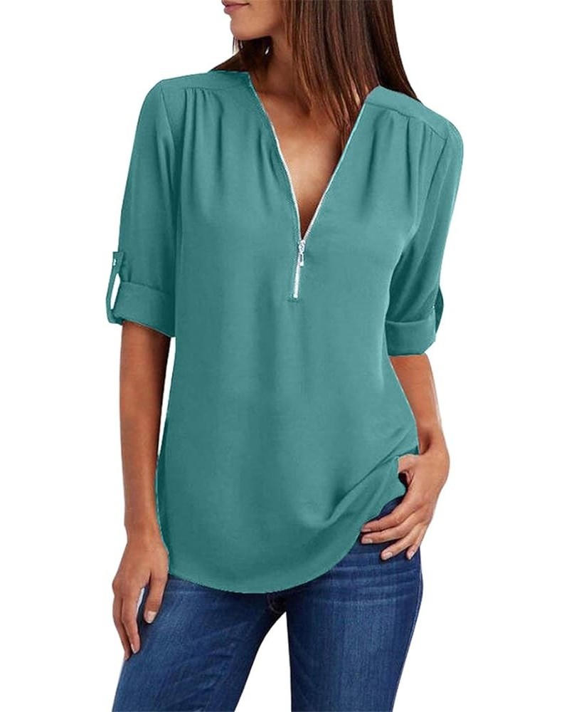 Woman Chiffon Blouse Roll Up Sleeve Chiffon Blouse Flowy Elegant Tunic Top Turquoise $11.72 Blouses