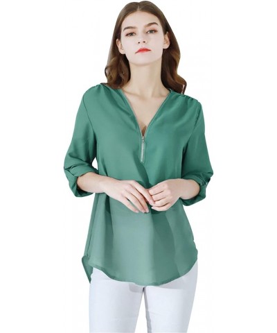 Woman Chiffon Blouse Roll Up Sleeve Chiffon Blouse Flowy Elegant Tunic Top Turquoise $11.72 Blouses