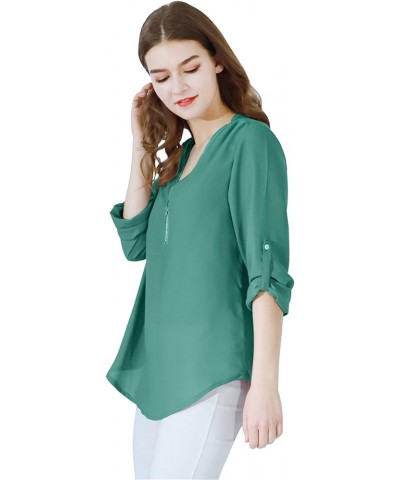 Woman Chiffon Blouse Roll Up Sleeve Chiffon Blouse Flowy Elegant Tunic Top Turquoise $11.72 Blouses