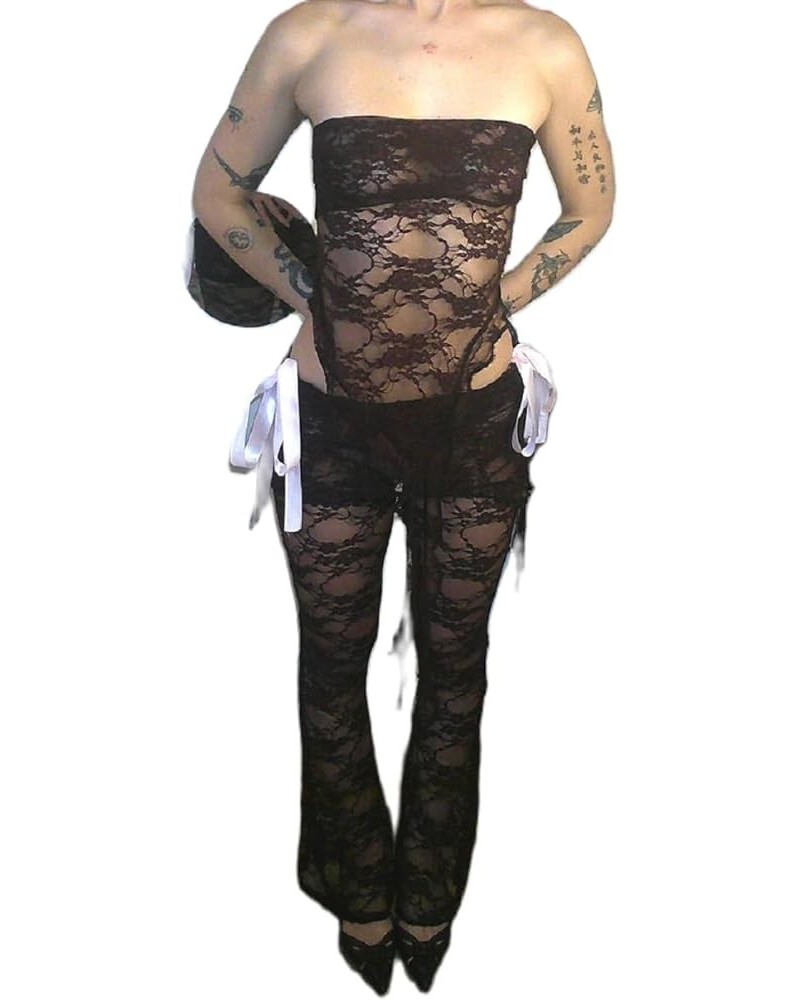 Women Sexy 2 Piece Lace Pants Sets See Through Strapless Floral Crop Top Bodycon High Waist Flare Pants Y2K Outfits K-black F...