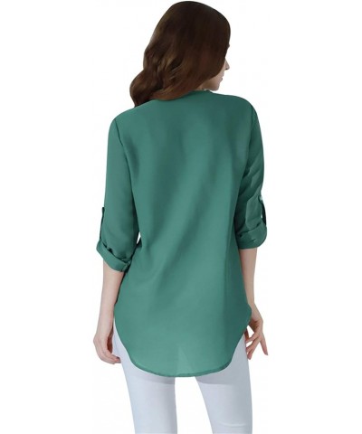 Woman Chiffon Blouse Roll Up Sleeve Chiffon Blouse Flowy Elegant Tunic Top Turquoise $11.72 Blouses