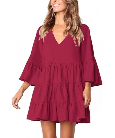 Women's Short Sleeve Tunic Dress V Neck Ruffle Loose Mini Swing Shift Dresses Burgundy-3 $13.49 Dresses