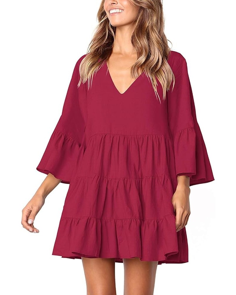 Women's Short Sleeve Tunic Dress V Neck Ruffle Loose Mini Swing Shift Dresses Burgundy-3 $13.49 Dresses