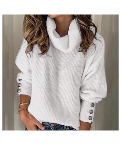 Women's 2023 Fall Winter Long Sleeve Cable Knit Sweater Turtleneck Striped Loose Pullover Tops Deco with Metal Buttons A2-whi...