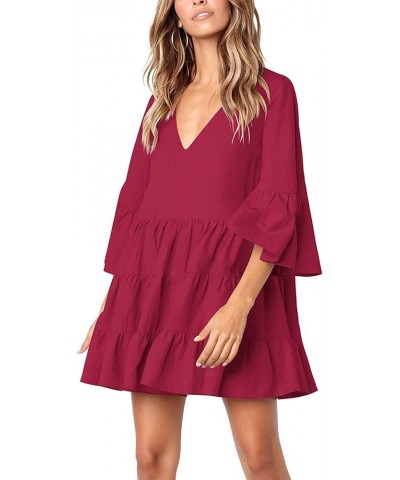 Women's Short Sleeve Tunic Dress V Neck Ruffle Loose Mini Swing Shift Dresses Burgundy-3 $13.49 Dresses