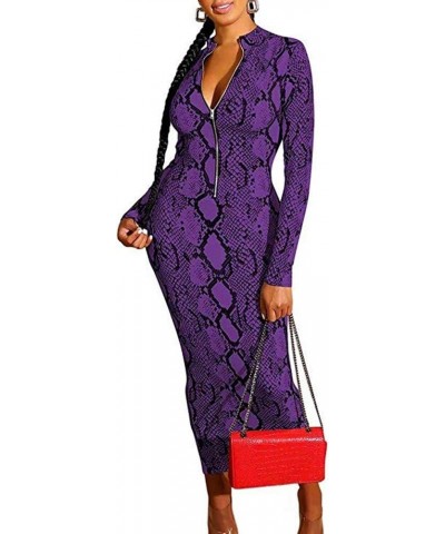 Women's Dresses Fall Long Sleeve Snake Printed Zipper Neck Knit Bodycon Evening Party Long Dress Purple $16.84 Dresses