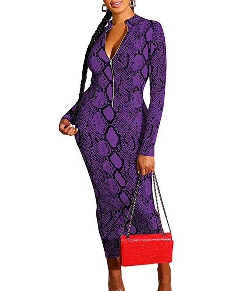 Women's Dresses Fall Long Sleeve Snake Printed Zipper Neck Knit Bodycon Evening Party Long Dress Purple $16.84 Dresses