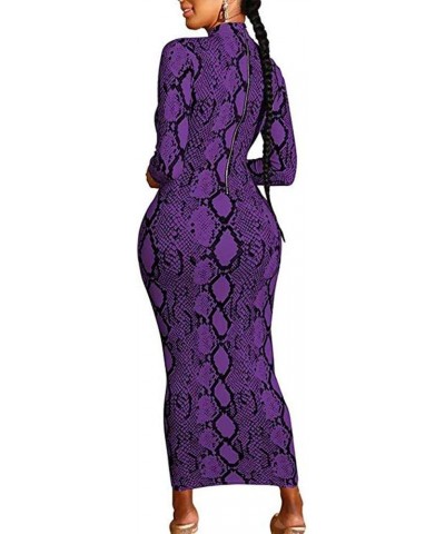 Women's Dresses Fall Long Sleeve Snake Printed Zipper Neck Knit Bodycon Evening Party Long Dress Purple $16.84 Dresses