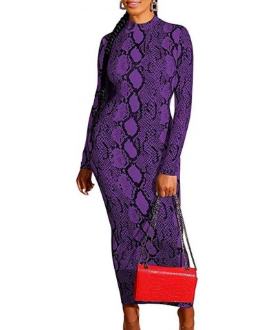 Women's Dresses Fall Long Sleeve Snake Printed Zipper Neck Knit Bodycon Evening Party Long Dress Purple $16.84 Dresses