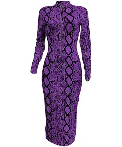 Women's Dresses Fall Long Sleeve Snake Printed Zipper Neck Knit Bodycon Evening Party Long Dress Purple $16.84 Dresses