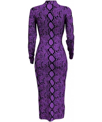 Women's Dresses Fall Long Sleeve Snake Printed Zipper Neck Knit Bodycon Evening Party Long Dress Purple $16.84 Dresses