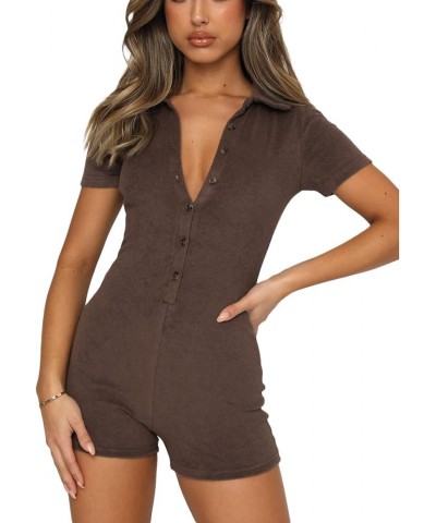 Short Sleeve Jumpsuit for Women Y2K Bodycon Sexy V Neck Buttons Rompers Shorts Knitted One Piece Bodysuit Overall Brown $10.2...