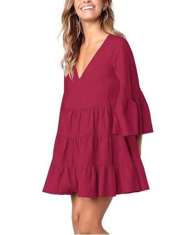 Women's Short Sleeve Tunic Dress V Neck Ruffle Loose Mini Swing Shift Dresses Burgundy-3 $13.49 Dresses