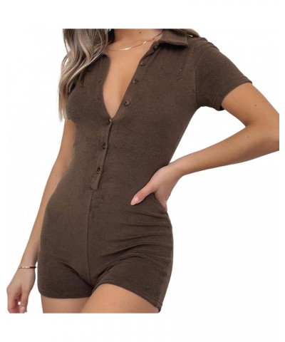 Short Sleeve Jumpsuit for Women Y2K Bodycon Sexy V Neck Buttons Rompers Shorts Knitted One Piece Bodysuit Overall Brown $10.2...