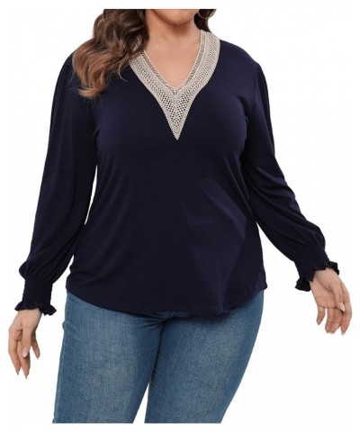 Women Plus Size Casual Lace V Neck T Shirts Dressy Smocked Puff Long Sleeve Work Tops Loose Fit Tunic Blouses 1X-5X Navy Blue...