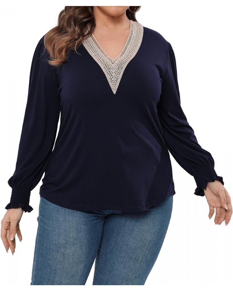 Women Plus Size Casual Lace V Neck T Shirts Dressy Smocked Puff Long Sleeve Work Tops Loose Fit Tunic Blouses 1X-5X Navy Blue...