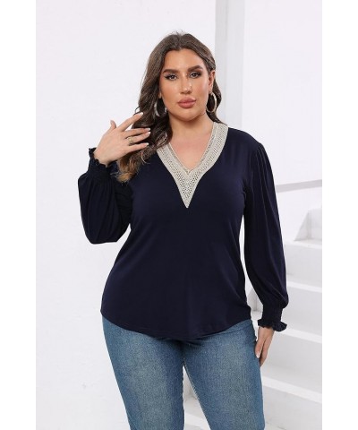 Women Plus Size Casual Lace V Neck T Shirts Dressy Smocked Puff Long Sleeve Work Tops Loose Fit Tunic Blouses 1X-5X Navy Blue...