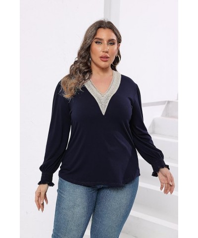 Women Plus Size Casual Lace V Neck T Shirts Dressy Smocked Puff Long Sleeve Work Tops Loose Fit Tunic Blouses 1X-5X Navy Blue...