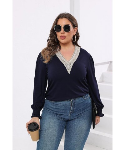 Women Plus Size Casual Lace V Neck T Shirts Dressy Smocked Puff Long Sleeve Work Tops Loose Fit Tunic Blouses 1X-5X Navy Blue...