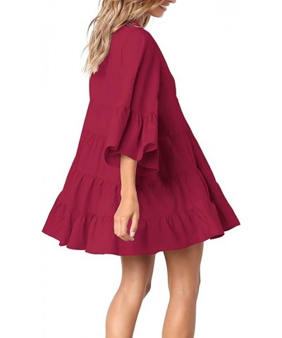 Women's Short Sleeve Tunic Dress V Neck Ruffle Loose Mini Swing Shift Dresses Burgundy-3 $13.49 Dresses