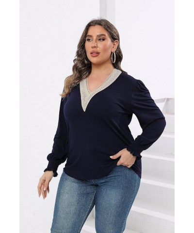 Women Plus Size Casual Lace V Neck T Shirts Dressy Smocked Puff Long Sleeve Work Tops Loose Fit Tunic Blouses 1X-5X Navy Blue...