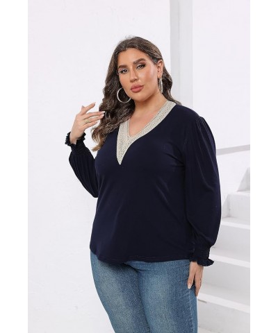 Women Plus Size Casual Lace V Neck T Shirts Dressy Smocked Puff Long Sleeve Work Tops Loose Fit Tunic Blouses 1X-5X Navy Blue...