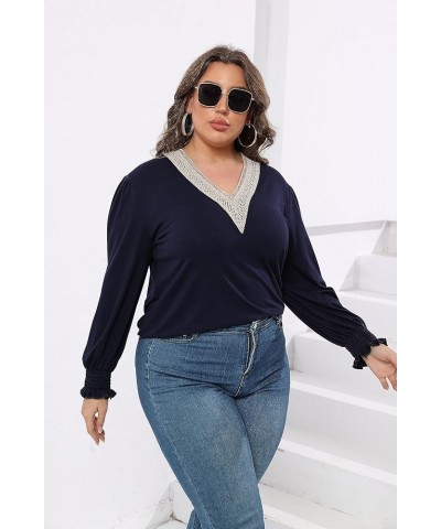 Women Plus Size Casual Lace V Neck T Shirts Dressy Smocked Puff Long Sleeve Work Tops Loose Fit Tunic Blouses 1X-5X Navy Blue...