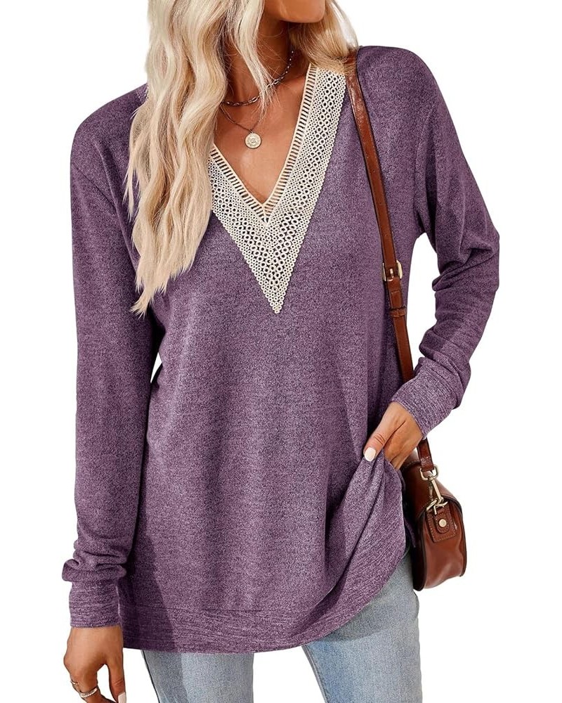 Womens Fall Fashion 2023 Long Sleeve Tops Lace V Neck Loose Fit Tunic Shirts Blouses Purple $14.74 Tops