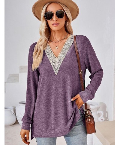 Womens Fall Fashion 2023 Long Sleeve Tops Lace V Neck Loose Fit Tunic Shirts Blouses Purple $14.74 Tops