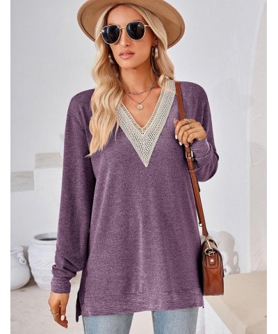 Womens Fall Fashion 2023 Long Sleeve Tops Lace V Neck Loose Fit Tunic Shirts Blouses Purple $14.74 Tops