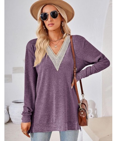 Womens Fall Fashion 2023 Long Sleeve Tops Lace V Neck Loose Fit Tunic Shirts Blouses Purple $14.74 Tops