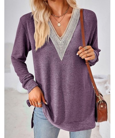 Womens Fall Fashion 2023 Long Sleeve Tops Lace V Neck Loose Fit Tunic Shirts Blouses Purple $14.74 Tops