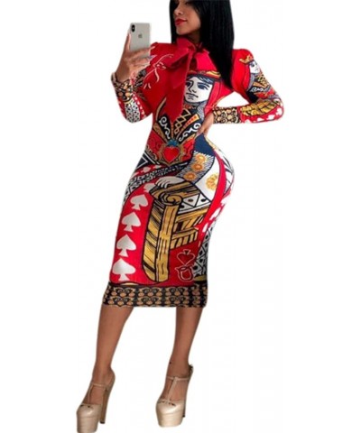 Women's Long Sleeve Poker Printed Bodycon Dress Red $8.76 Dresses