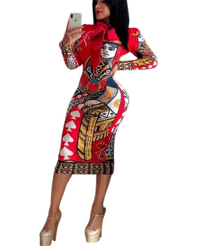 Women's Long Sleeve Poker Printed Bodycon Dress Red $8.76 Dresses