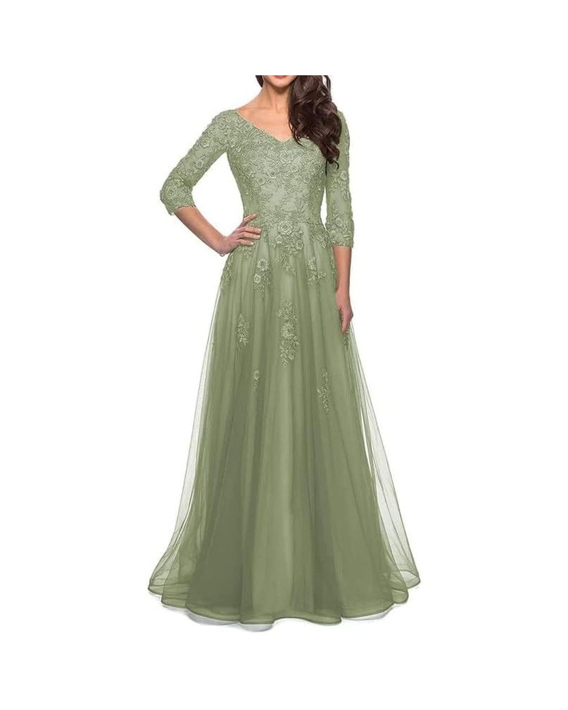 Mother of The Bride Dresses Lace Tulle - Long Wedding Guest Dresses for Women V Neck Sage Green $41.36 Dresses