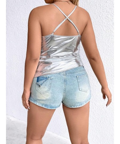 Women's Plus Size Metallic Spaghetti Strap Ruched Side Cami Top Silver $14.24 Tanks