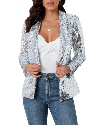 Women's Sequins Blazer Long Sleeve Sparkle Open Front Jacket Shawl Collar Cardigan Silver $36.44 Blazers