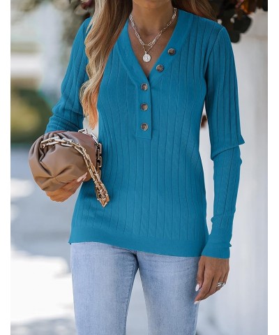 Women's 2023 Long Sleeve V Neck Ribbed Button Knit Sweater Solid Color Tops Teal $22.95 Sweaters