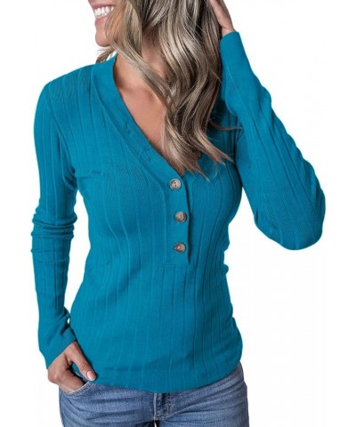 Women's 2023 Long Sleeve V Neck Ribbed Button Knit Sweater Solid Color Tops Teal $22.95 Sweaters