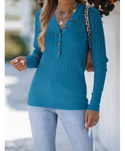 Women's 2023 Long Sleeve V Neck Ribbed Button Knit Sweater Solid Color Tops Teal $22.95 Sweaters