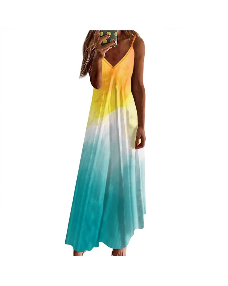 Summer Dresses for Women 2024,Casual Loose V-Neck Spaghetti Straps Maxi Swing Beach Dresses 7-cyan $9.51 Dresses