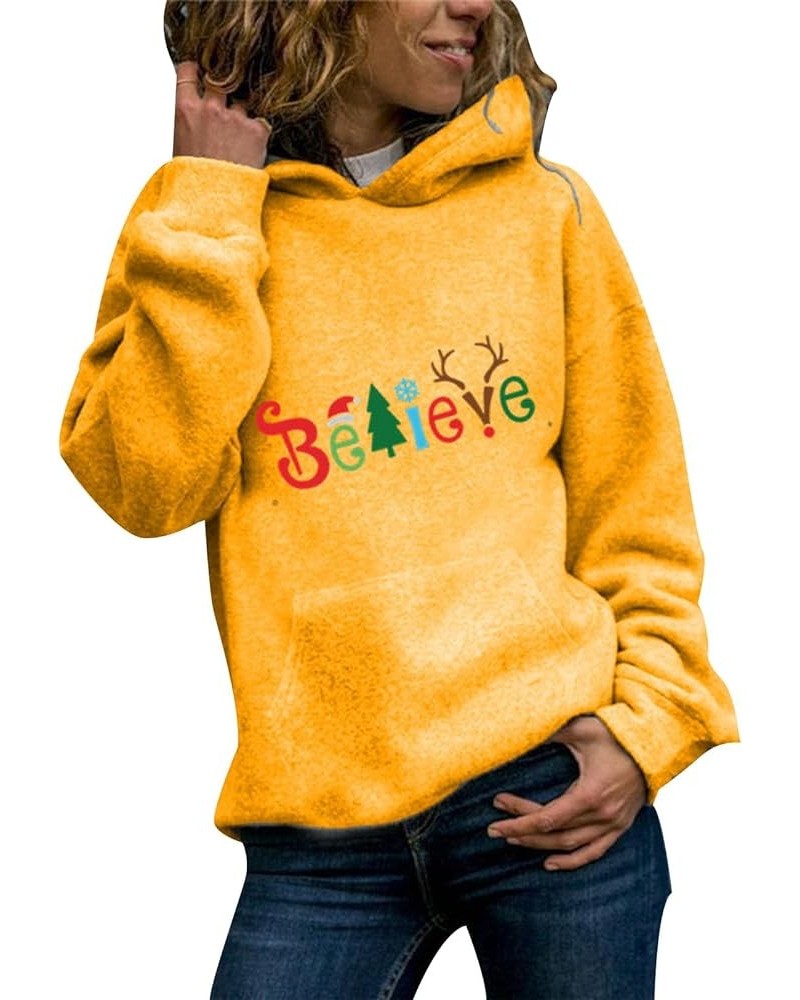 Womens Believe Christmas Hoodie Funny Graphic Loose Long Sleeve Lightweight Sweatshirt Yellow $10.92 Hoodies & Sweatshirts